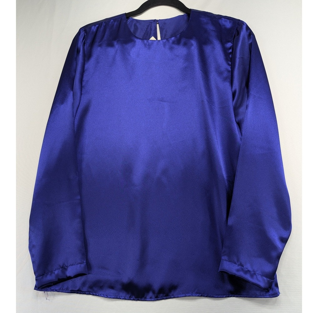 Willow Ridge Royal Blue Satin Long Sleeve Blouse Crew Neck Size 8 Made in USA